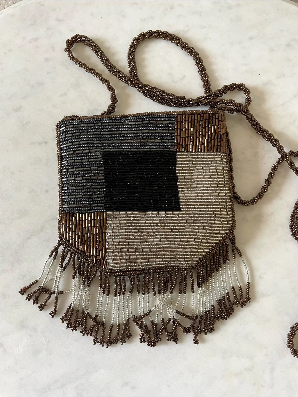 Vintage Original Bells & Bags Leslie Kaplan Handmade Beaded Fringe Crossbody Pur